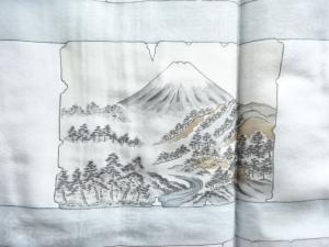 アンティーク　破れ色紙に風景模様単衣男物長襦袢